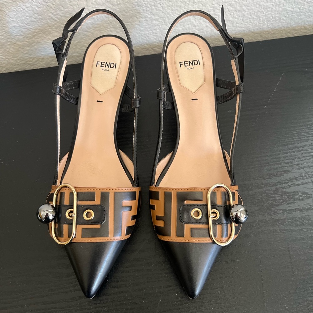 Fendi Black and Brown Slingback Kitten Heel